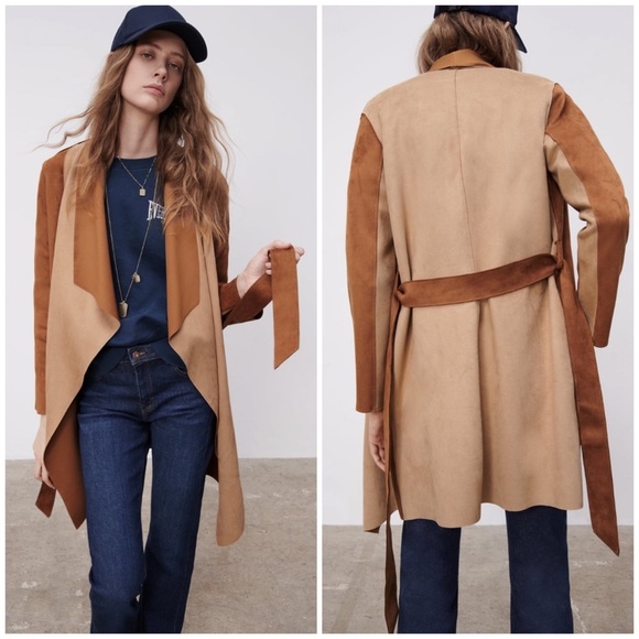 ZARA Brown Tan Faux Suede Patchwork Jacket Trench Coat - Picture 2 of 6